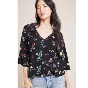 Anthropologie Parvati Embroidered Floral Kimono Sleeve Lace Trim Blouse Size XS